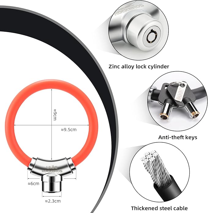 ROCKBROS Anti-Theft Bike Cable Lock, Red, Portable, Key Lock, Rustproof