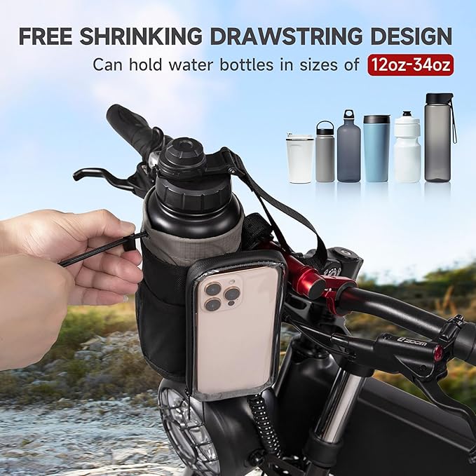 Bike Water Bottle Holder with Mount | Fits Motorcycles, Strollers, Scooters, Wheelchairs | Waterproof Phone Bag | Mount Support More Bike Devices | Holds 3.6in Diameter Bottles (1, Black)