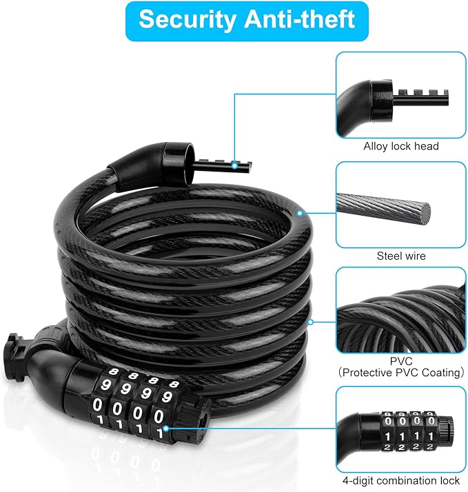 Ainiv 4FT Scooter Lock Anti-Theft, Bike Locks Cable Combination 4 Digit/12 Steel Cables Resettable Compatible for Xiaomi M365/Max/GXL/Ninebot/Segway Scooter/Moto/Bicycle Lock with Lock Holders