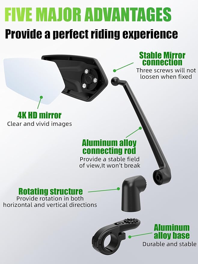 RBRL Bike Mirror, 3D Adjustable Arm for Extended Reach, Aluminum Alloy Anti-shake Bicycle Rearview Mirrors, 360° Panoramic Rearview, Wide Angle Shatterproof & Foldable E-bike Mirror(left)