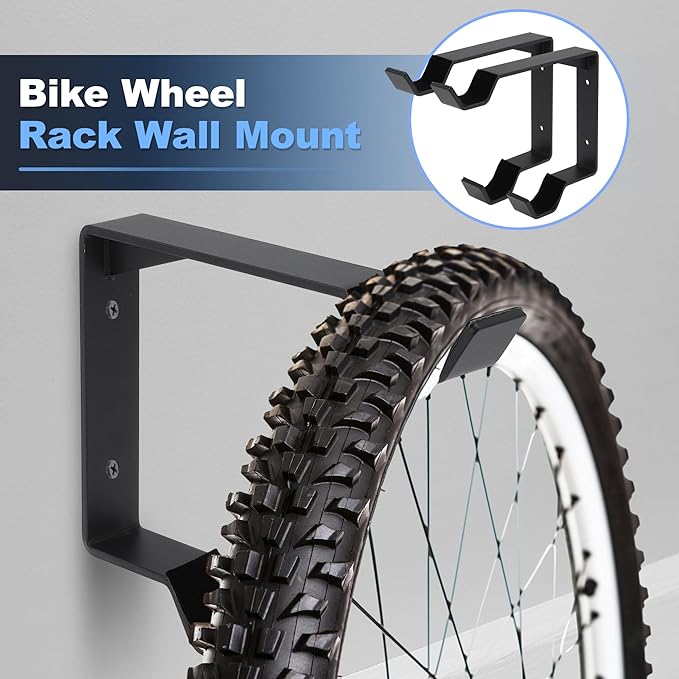 2 PCS Bike Wheel Rack Wall Mount, Carbon Steel Bicycle Wheel Holder Wall Mount for Garage Indoor Outdoor, Vertical Bike Tire Hanger Double Bicycle Tire Hook, with Screws Paddings