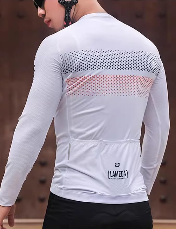 LAMEDA Men's Cycling Jersey Long Sleeve, Breathable Moisture Wicking Bike Shirt, Lightweight Biking Shirt with 3 Rear Pockets