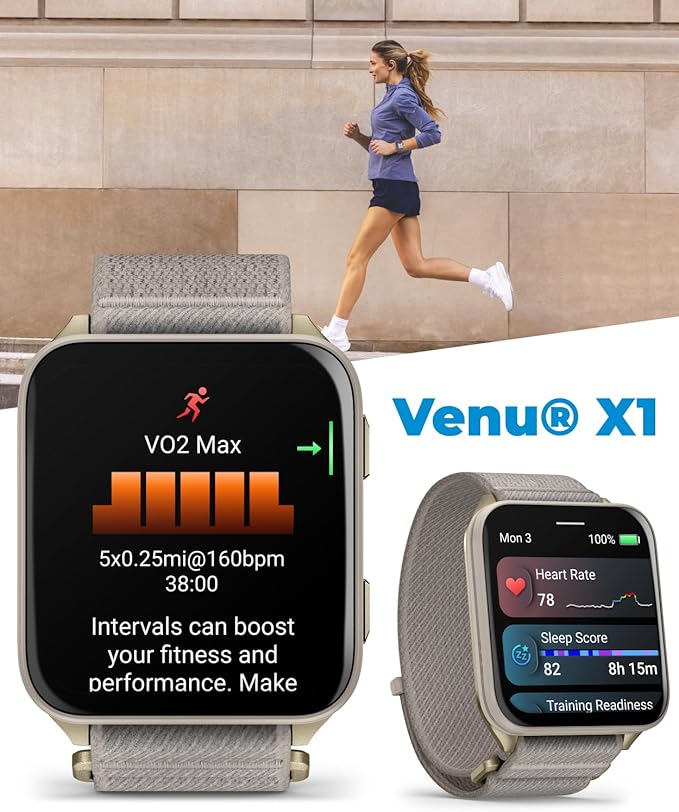 Wearable4U Garmin Venu X1 Thin and Lightweight GPS Smartwatch, AMOLED Display, Advanced Health & Fitness Features, Soft Gold w/Titanium Caseback & French Gray Nylon Band Black Earbuds Bundle
