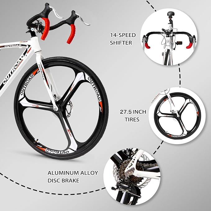 700C Wheel Road Commuter Bike, 14 Speed Shifter, Dual Disc Brakes Racing Bicycle with Light Aluminum Alloy Frame for Adult Men and Women