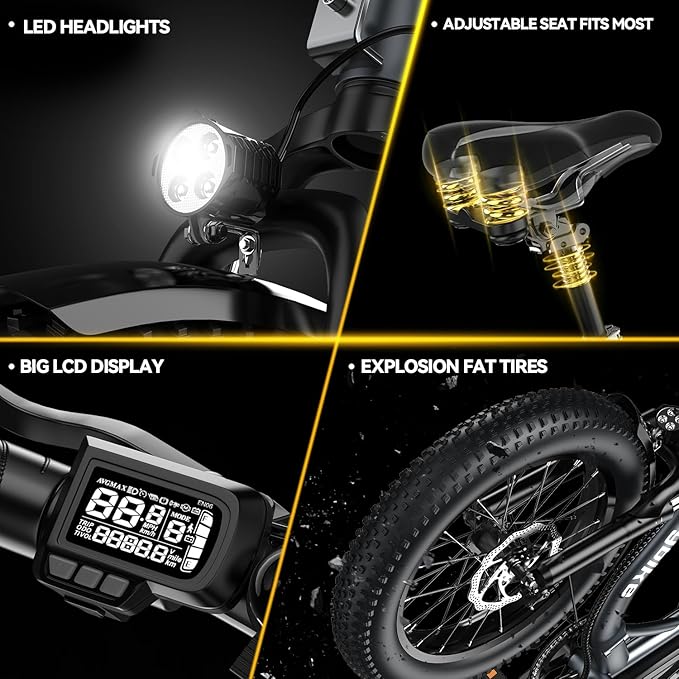 Folding Electric Bike for Adults and Seniors, 1000W Motor 48V 20AH Battery 30MPH 80 Miles, 20" Fat Tire All Terrain Ebike, 7-Speed Commuter E Bike, Step-Thru Electric Bicycle for Women and Teens