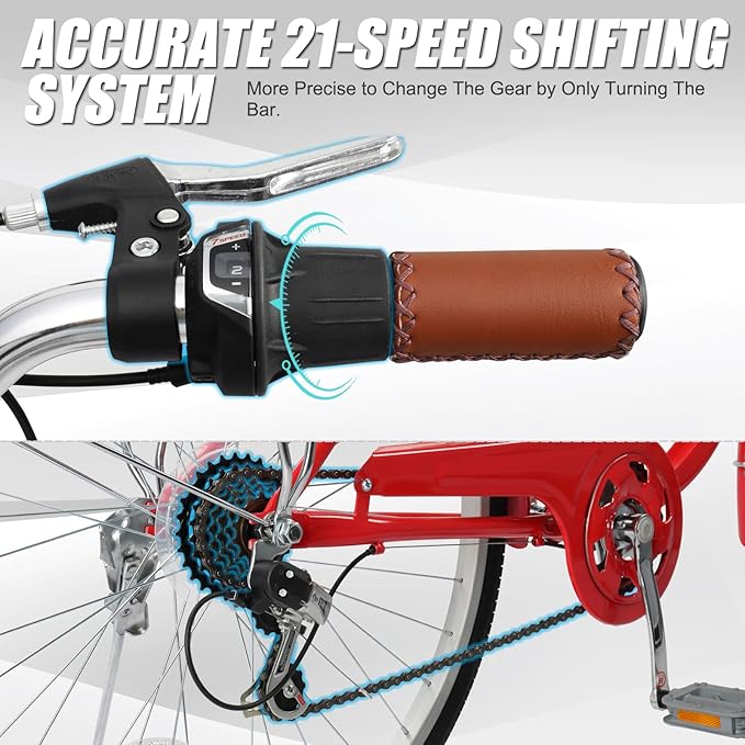 Ktaxon Women Bike 24/26 Inch Bicycles for Women, Beach Cruiser Bike with Premium Derailleur & Shift Lever, Adjustable Seat, High-Carbon Steel Frame and Excellent Welding Technology | Premium Derailleur, Shift Lever, Adjustable Seat