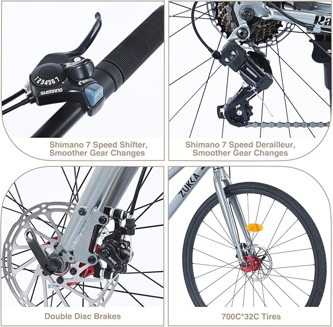 7 Speed Hybrid Road Bike for Men & Women, 700x32C City Commuter Bicycle with Disc Brakes, Steel Frame, Ideal for Outdoor & Fitness Cycling