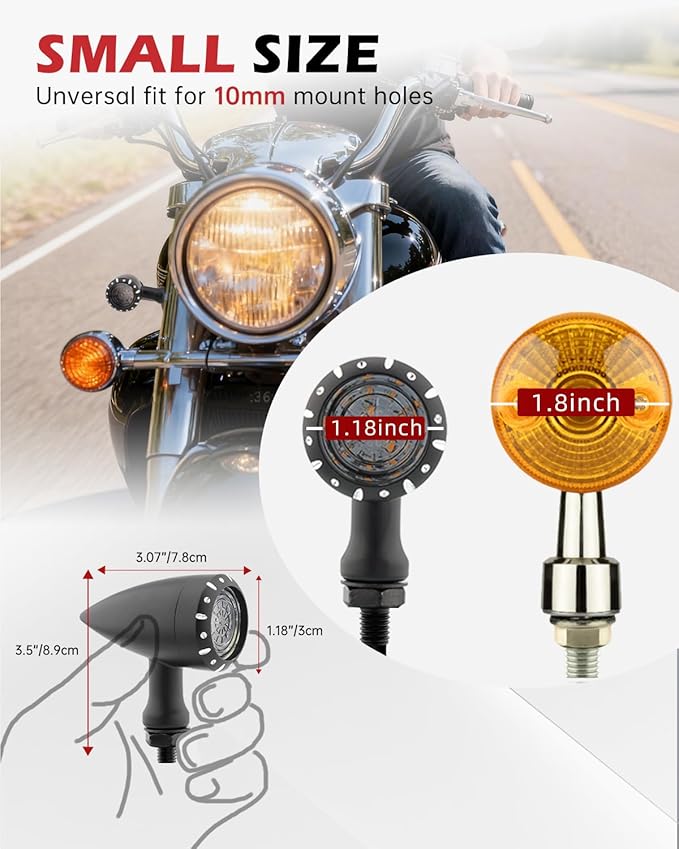 Bullet Style Motorcycle Rear LED Tail Lights, Red Running/Brake Light + Amber Turn Signals, Zinc Alloy Housing, M10 Mount Universal Fit or Cruiser Bobber Chopper Cafe Racer (Black-Rear)