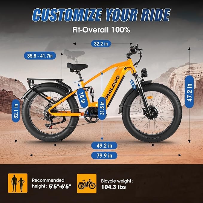 PHILODO Electric-Bike for Adults, Dual-Motor-Ebike Hunting-Ebike 5000W, 60V 32AH Long Range Dirtbike, Fat-Tire-Electric-Bicycle, Full Suspension for Off-Road Snow Sand