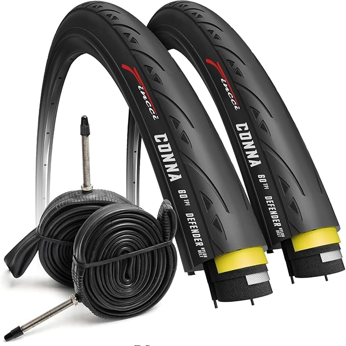 Fincci Set 700x23c Tires Road Bike with 2X Bicycle Inner Tubes 700c - Racing 23-622 1mm Puncture Proof Bike Tires & 60mm Presta Tube - 700c Bike Tire for Folding, Touring, Gravel, E Bikes, Bicycle