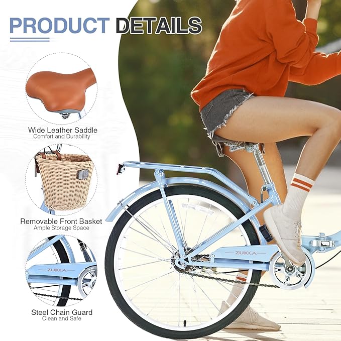 24/26 inch Female Bicycle Single Speed Folding Lady Bike, Durable Steel Frame,Compact Design for Easy Storage and Commuting Multi Color