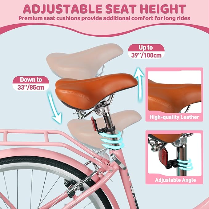 26 Inch Folding Beach Cruiser Bike for Women, 7-Speed Ladies Bike with Basket & Rack, Perfect for City Commuting's Bicycle, Ideal for Women and Adults