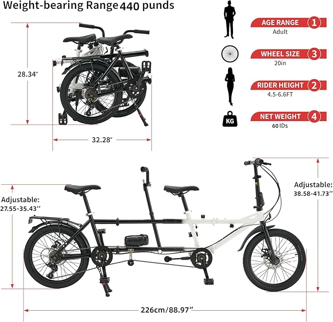Folding Tandem Bike,20 Inch 7-Speed Two Person Bicycle, High Carbon Steel City Beach Cruiser with Dual Disc Brakes, Adjustable Seat Height, Portable 2-Seater Bike for Travel