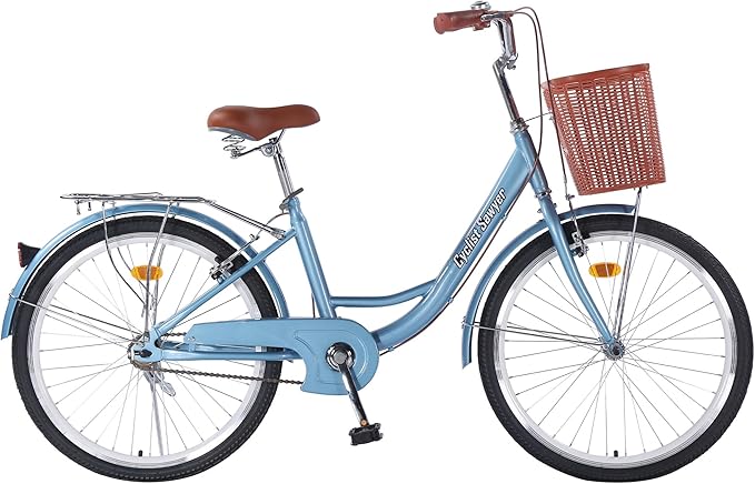 Beach Cruiser Bike for Women, 24 inch Adults Bicycle Single Speed, Bicycle for Women with Basket & Steel Rack, Women's Bike for Commuting, Step Through City Bike for Adults