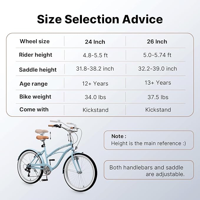 ACEGER 24 26 Inch Women Beach Cruiser Bike, Single Speed and 7 Speed, Adult Hybrid Bike Commuter Bicycle, Hi-Ten Steel Frame with Adjustable Handlebar and Saddle, Multiple Colors