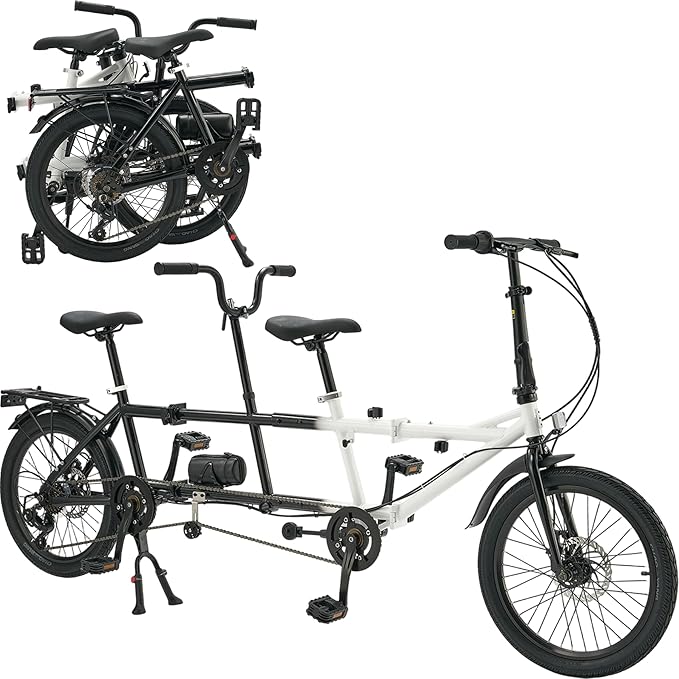 Folding Tandem Bike,20 Inch 7-Speed Two Person Bicycle, High Carbon Steel City Beach Cruiser with Dual Disc Brakes, Adjustable Seat Height, Portable 2-Seater Bike for Travel