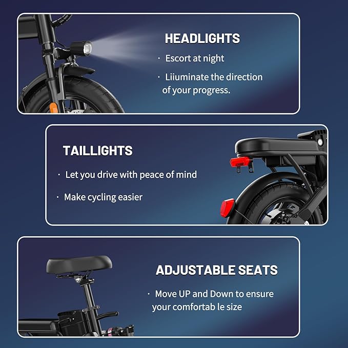 Electric Bike for Adults and Teens, 740W Peak Motor E-Bike with 30-60 Miles PAS Range, 48V 10AH/20AH Removable Battery, 14" Folding Mini Ebike with 20MPH, Electric Bicycle for Commute