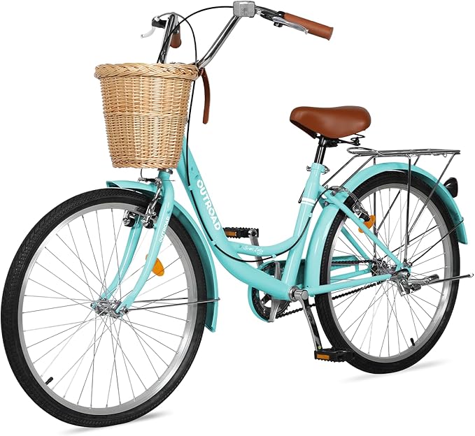 Betterland Beach Cruiser Bike for Women, 24/26 inch Hybrid Bike with Adjustable Seat, Womens Bike with Front Basket and Dual V-Brake, Step Through Comfort Bicycle for City Commuter