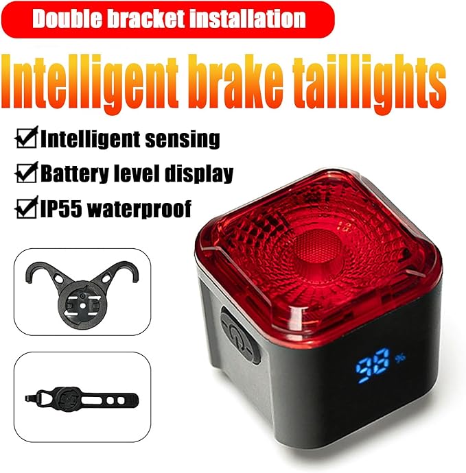 【2025 Upgraded Version】 Smart Bike Tail Light with Digital Battery Display, 6 Modes Auto Bike Brake Rear Light, Auto Sleep & Motion Activation, IPX6 Waterproof,USB-C Rechargeable LED Warning Light