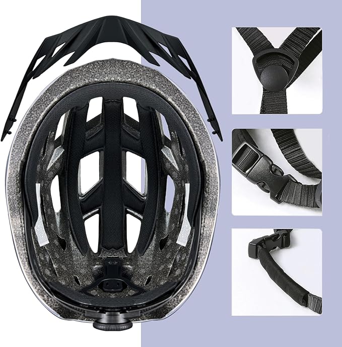Bike Helmet for Adult Men Women with Multi-Mode Rear LED Light, with Suggested Fit 56-62cm, Lightweight with Adjustable Dial, Side and Chin Strap, Carbon Black Shiny Surface