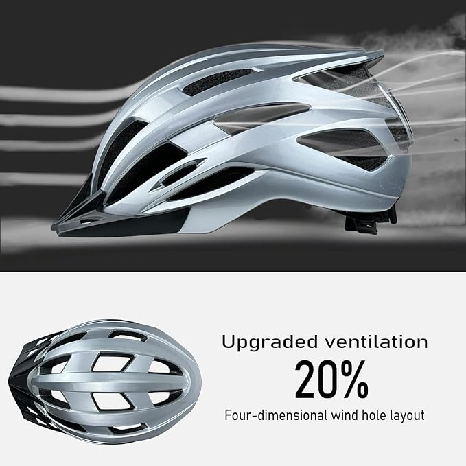 Bike Helmet for Adult Men Women with Multi-Mode Rear LED Light, with Suggested Fit 56-62cm, Lightweight with Adjustable Dial, Side and Chin Strap, Carbon Black Shiny Surface