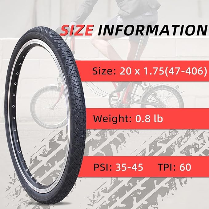 20" x 1.75/1.50 Bike Tires, Puncture Resistant Anti-Skid MTB/E-Bike Tires, 60 TPI Durable Rubber for BMX, Folding Commuter Bikes (20x1.50)(20x1.75)