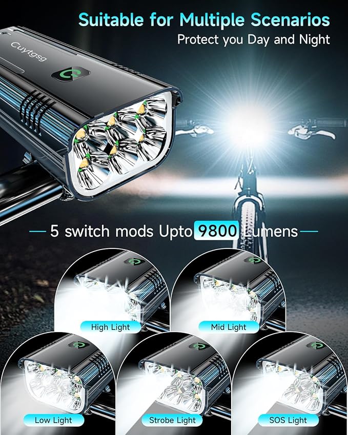 2026 Upgrade 6800Lumen Bike Light for Night Riding,Super Bright 6 LED Headlight,Aluminum 10 Mode Rechargeable Bicycle Light Front and Rear,360°Rotatable Brackt,Waterproof,Runtime 72 hr,Road Shockproof
