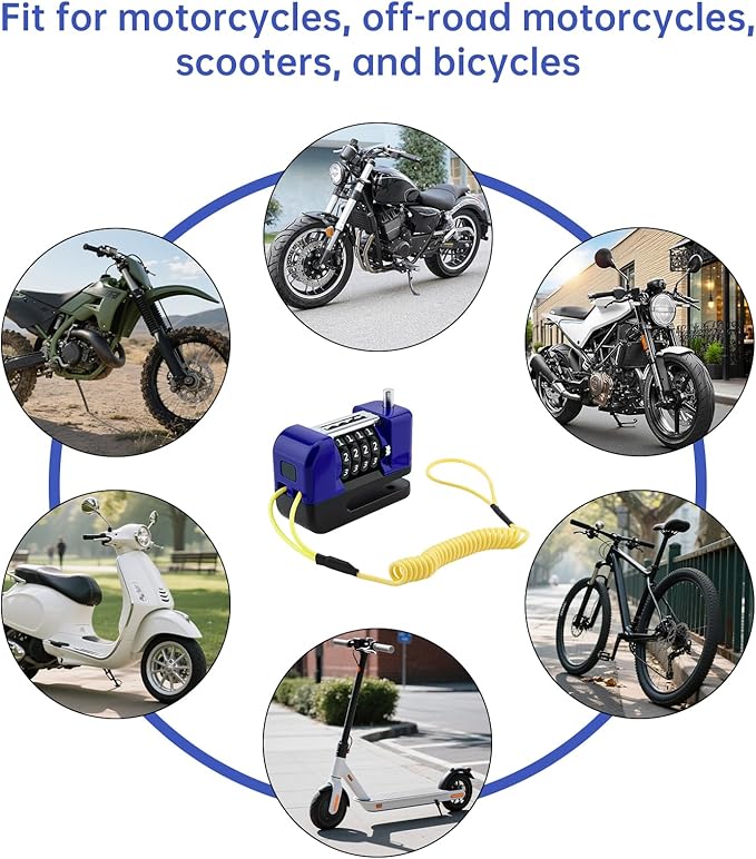 Windance Motorcycle Disc Brake Lock with Reminder Cable, Anti Theft Combination Wheel Lock,Waterproof Aluminum Alloy Keyless Password Security for Motorcycle Scooter Dirt Pit Bike E-Bike (Blue)