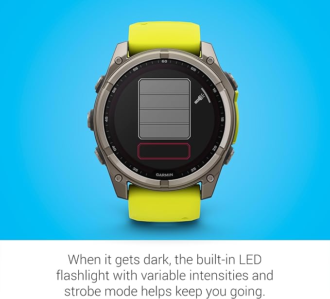 Garmin Fenix 8 Premium Multisport GPS Running Smartwatch, 51 mm, Sapphire, Solar, Built-in Flashlight, Titanium with Amp Yellow/Graphite Band with Signature Series Charging Stand