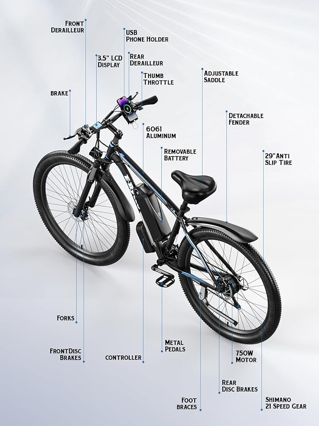 E·Bycco 34 MPH 70 Miles Long Range 1000W Electric Bike for Adults – 29" Tire 48V 17.5Ah Removable Battery, 21 Speed, Fast City Commuter Pedal Assist E-Bike for Snow Sand, E8