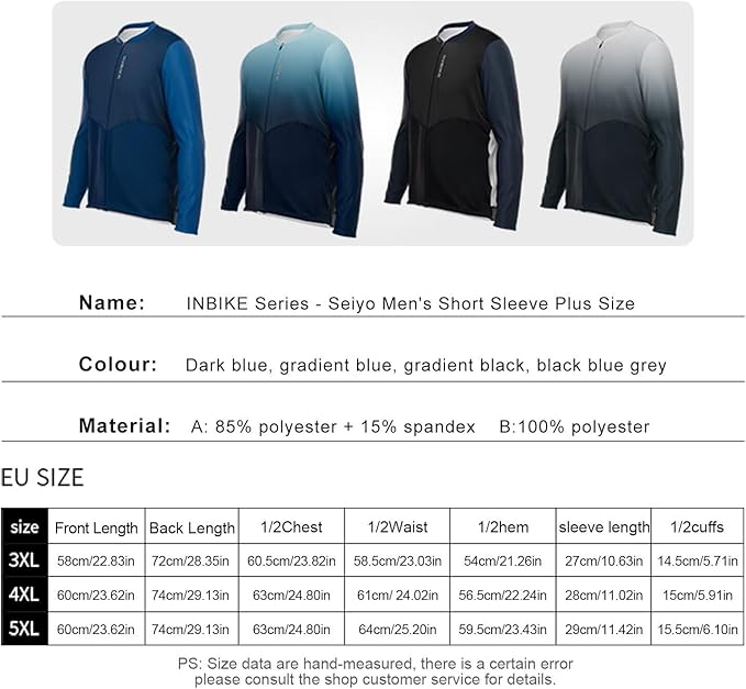 INBIKE Plus Size Cycling Jersey Men 3XL-5XL Bike Shirt for Big and Tall Short Long Sleeve Biking Clothing with Pockets