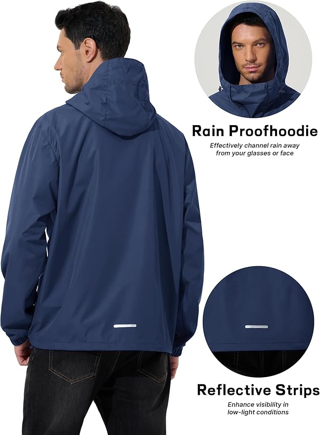 Men's Pullover Rain Jacket Waterproof Windbreaker Lightweight Packable Raincoat for Cycling Running Hiking Golf