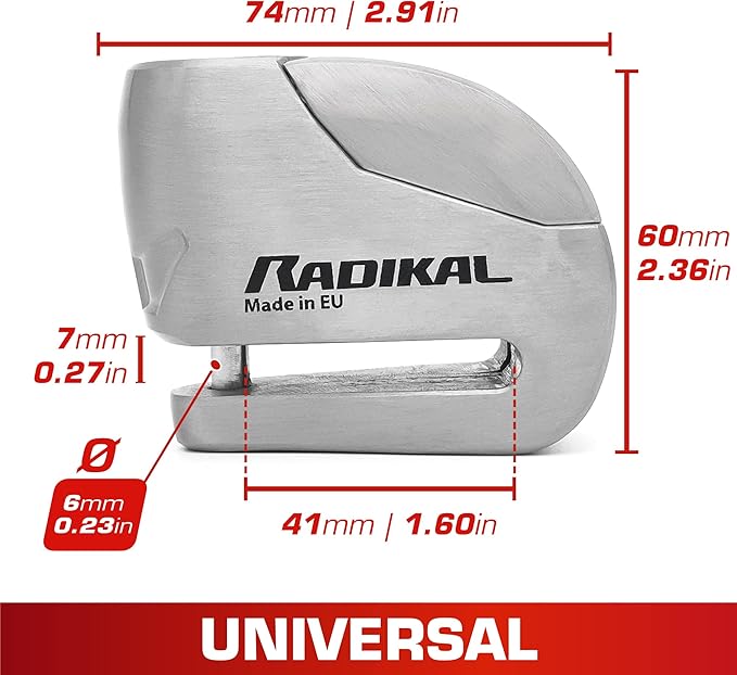 RADIKAL RK9Z Disc Lock with Premum Alarm 120db ON/OFF, LED Night Alert, Warning Pre-Alarm, 100% Waterproof, Full Metal Heavy Duty Brake Lock Universal Anti Theft Device for Motorcycle, E-Bike, Bicycle