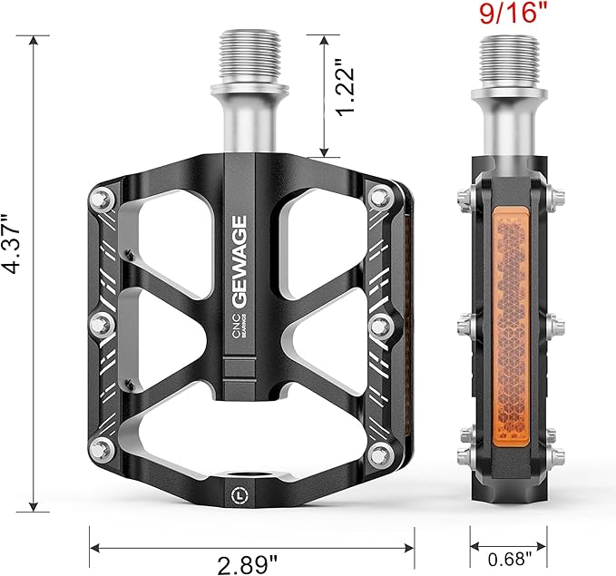 Mountain Bike Pedals - 3 Bearings Bicycle Pedals with Reflectors - 9/16” CNC Machined Flat Pedals with Removable Anti-Skid Nails for Road Mountain BMX MTB Bike