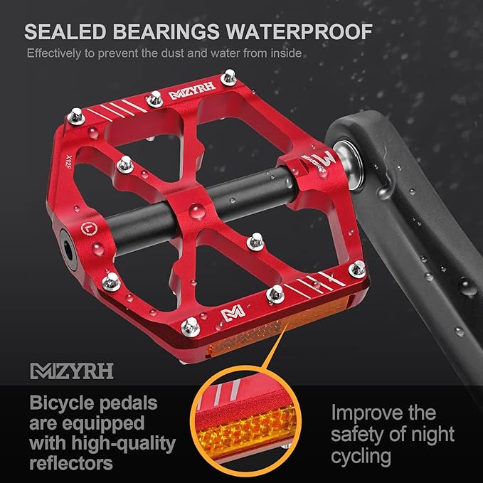 MZYRH 3 Bearings Mountain Bike Platform Pedals - Flat Alloy 9/16" Non-Slip Bicycle Pedals