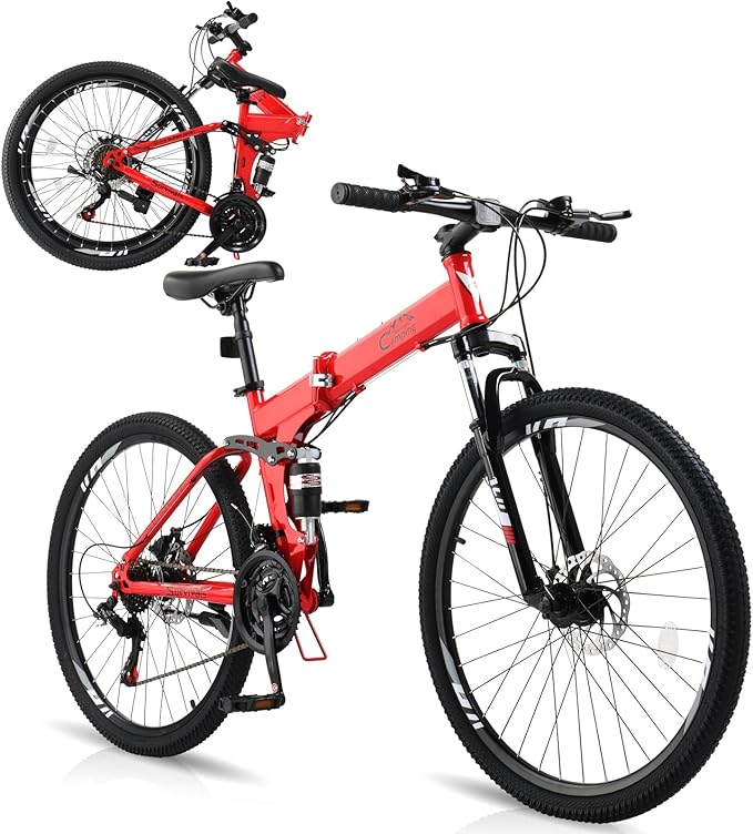 24/26/27.5 Inch Foldable Bikes for Adults 21 Speed Mountain Bike, Adult Bicycle with High Carbon Steel Frame, Full Suspension, Dual Disc Brake & Adjustable Ergonomic Seat(Black/Red)