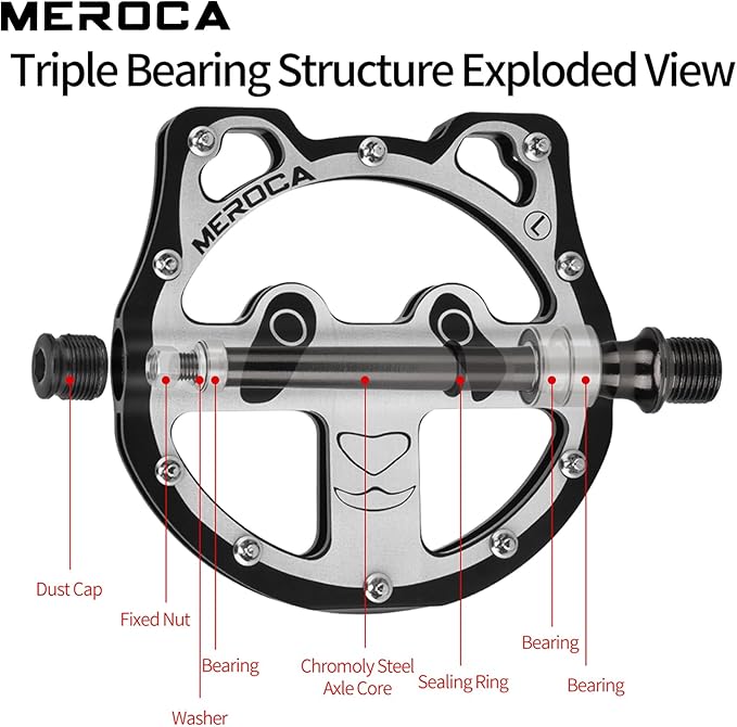 MEROCA Panda Bike Pedals (3 Bearing/DU+Bearing) - 355g CNC Mountain Pedals with Chromoly Spindle, Non-Slip Pins for MTB/Road Bicycle