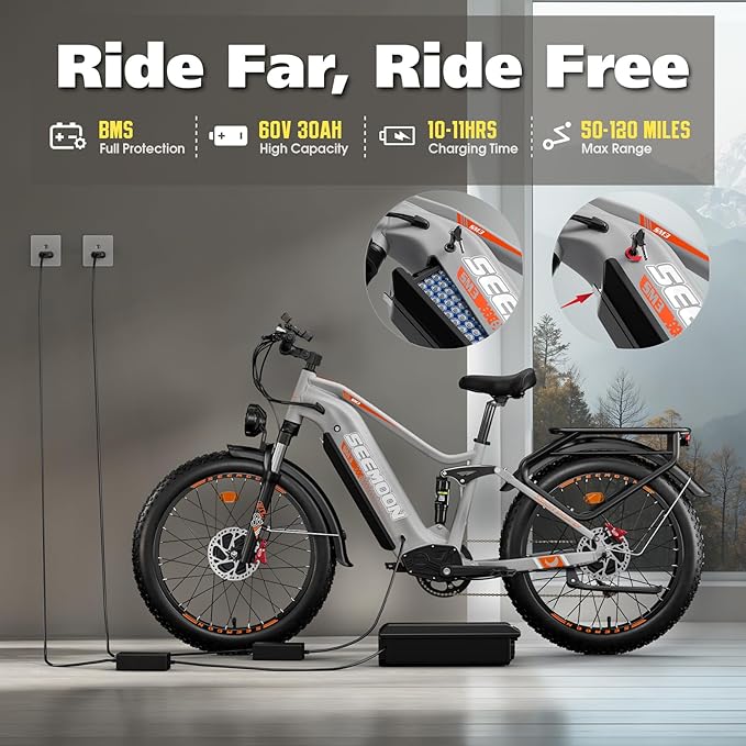 Seemoon 6000W Electric Bike for Adults,45 MPH up to 120Mile Dual Motor Ebike,60V 30Ah Battery,24" Fat Tire Electric Bicycle with Throttle Lock for Hunting Off-Road Commuter,Full Suspension E-bike