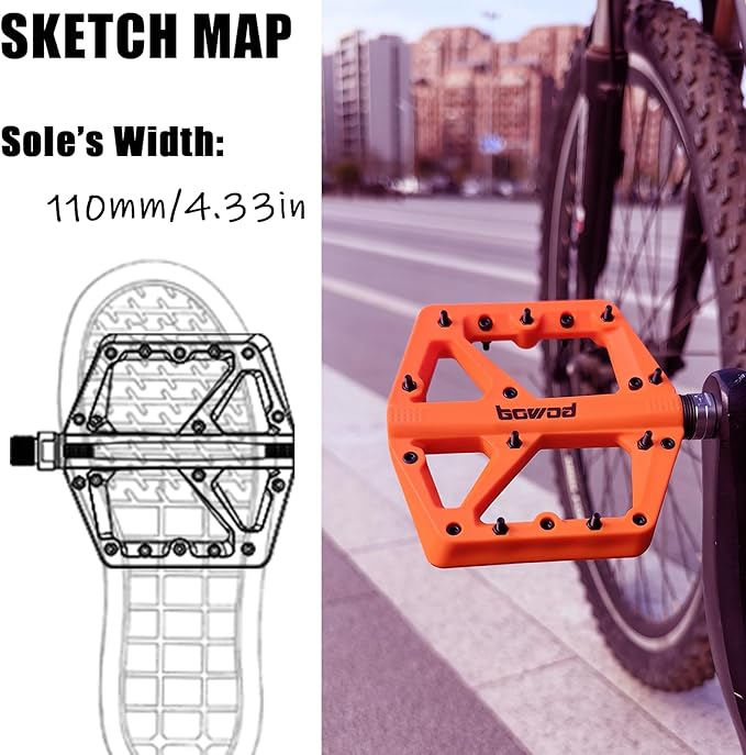 MTB Pedals Large Mountain Bike Pedals, Lightweight Nylon Fiber Composite Bicycle Platform Pedals, Grippy Pedals w 18 Pins, Cr-Mo Spindle fit w 2 Bearings, Clipless Pedals for BMX MTB Bike 9/16"