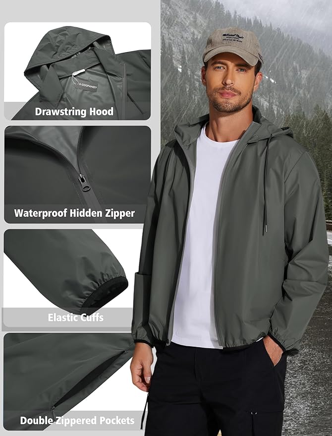 COOFANDY Men's Light Rain Jacket with Hood Packable Waterproof Raincoat Golf Rain Gear Travel Hiking Windbreaker