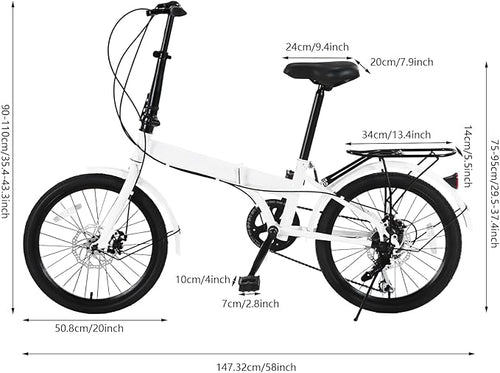 20-Inch Folding Bike, Foldable Bike for Adults Adjustable Seat Height & Elevable Handlebars Store in The Trunk 7-Gear Transmission Front and Rear Disc Brakes for Traveling