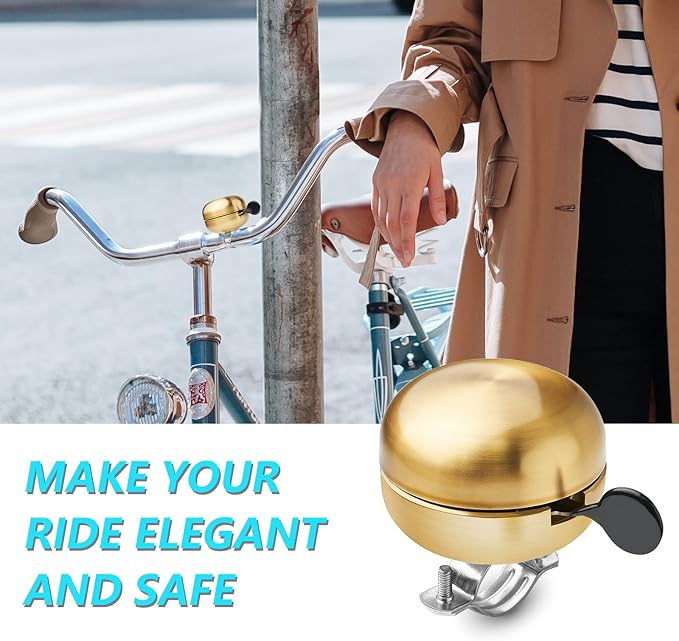 Classic Brass Bike Bell - Vintage-Style Golden Bicycle Ring Bell for Adult Cruisers and Beach Bikes, Crisp and Pleasing Sound