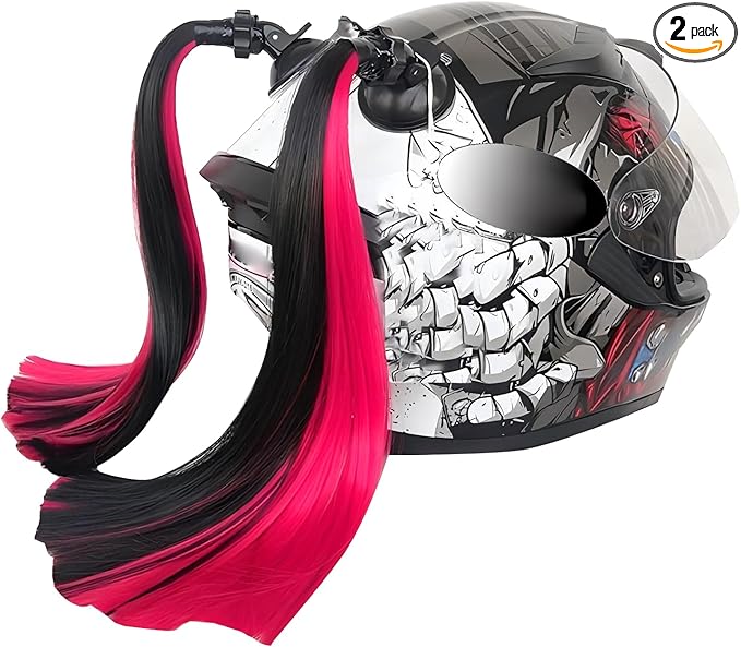 2 PCS Helmet Pigtails, Fun Pigtail Decorations for Helmet with Suction Cup, Detachable Fake Hair Decor, Universal for Motorcycle Bike Helmets (Black & Pink)