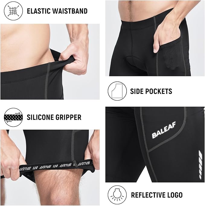baleaf Men's Padded Bike Shorts Cycling Road Biking Riding Bicycle Cycle Wear Pockets UPF 50+ MTB Accessories Tights