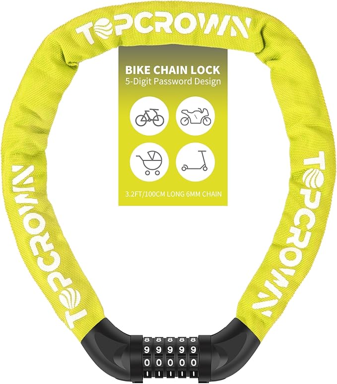 Bike Chain Lock 3.2Ft Long High Security Heavy Duty Anti Theft, 5 Digit Combination Resettable Keyless Bicycle Lock for Bike/Electric Scooter/Ebike/Motorcycle(Lemon Yellow)