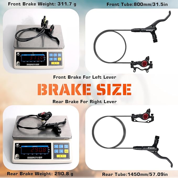 BUCKLOS MTB Hydraulic Disc Brakes, Mountain Bike Left Front 800mm Right Rear 1450mm Hydraulic Brake Set Aluminum Alloy Levers with Calipers PM/is Adapter Fit EBike/Fat Bike