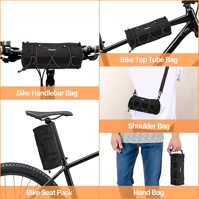 MOSISO Bike Handlebar Bag, Bicycle Front Frame Case with Elastic Cord, 2.5L Bike Roll Top Tube Pouch Storage Pack Cycling Accessories Cylinder Bag with Shoulder Strap, Black