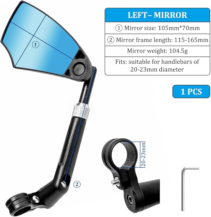 EMERK Anti-Glare Handlebar Bike Mirror: Bike Rear View Mirror With Retractable & 360°Adjustable Lens, HD Blast-Resistant Bicycle Mirror For 20-23mm Handlebar (Left)