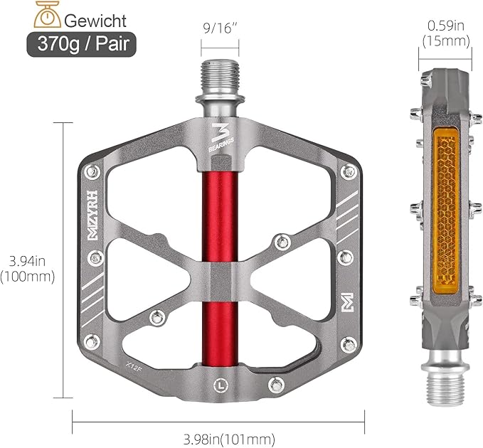 MZYRH 3 Bearings Mountain Bike Platform Pedals - Flat Alloy 9/16" Non-Slip Bicycle Pedals