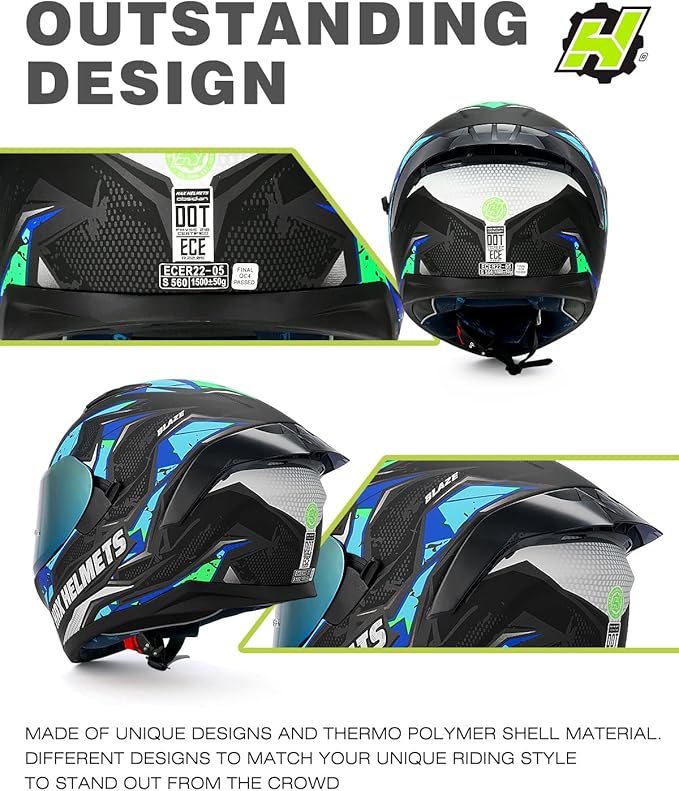HAX Obsidian Full Face Dual Visor Adult Motorcycle Helmet for Motorbike Street Bike with Pinlock Ready DOT Approved (Blaze Blue,XXL)